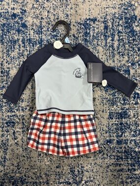 Modern Moments Navy & Light Blue Boys Rash Guard Set with Plaid Shorts